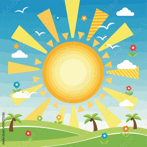 A cartoon sun shines brightly on a green hill