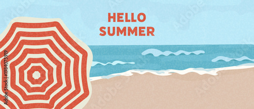 A red beach umbrella against the backdrop of a tropical coast. Banner design for promoting vacation travel. A minimalist graphic illustration for a sunny holiday and travel concept.