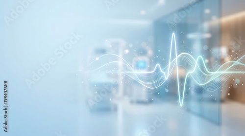 Medical background hospital corridor with heartbeat waveform and glowing line over blurred interior conveying calm modern healthcare technology. Ideal for digital health concept and patient care