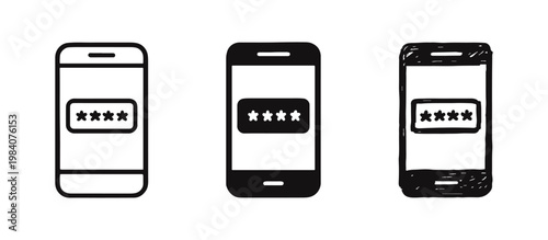 Mobile Password Security Icons - Smartphone with Login Screen in Line, Solid, and Hand-Drawn Styles