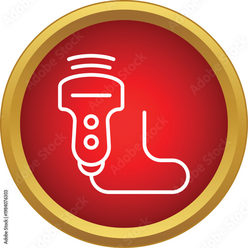 Ultrasound transducer displaying waves within a red circle frame with a gold border
