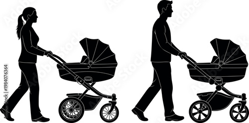 Black and white silhouette of mother and father walking while pushing modern baby strollers for family lifestyle vector design concepts