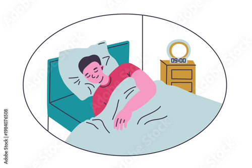 Sleeping man character in bedroom, flat cartoon male resting in bed with nightstand and alarm clock. Healthy sleep and bedtime routine vector illustration, isolated colored scene on white background