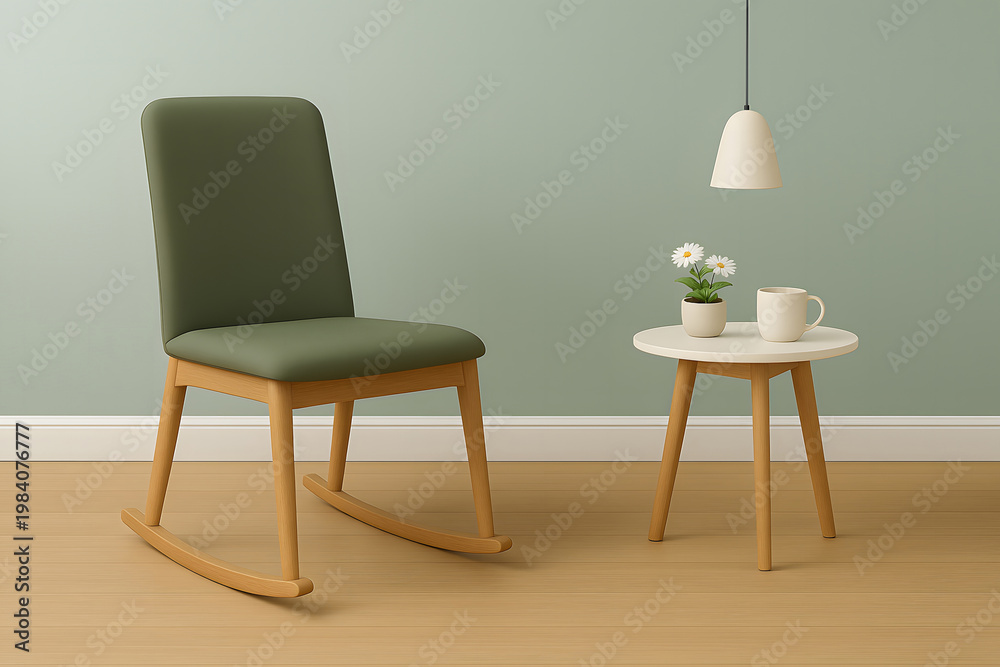 Obraz premium Olive green upholstered rocking chair in minimalist sage green room with side table and lamp.