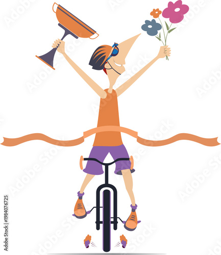 Cyclist winning the bicycle race. Winner ribbon, winner cup and flowers