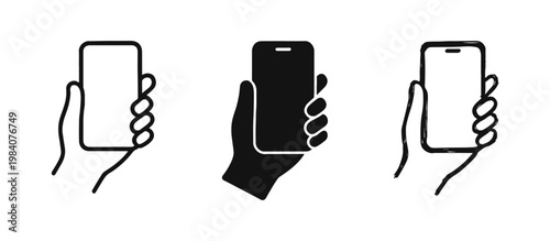 Cuadro en lienzo Hand Holding Smartphone Icons - Mobile Device Set in Line, Solid, and Hand-Drawn