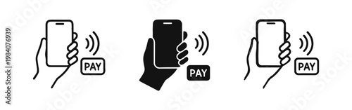 Mobile Contactless Payment Icons - NFC Pay with Smartphone in Line, Solid, and Hand-Drawn Styles