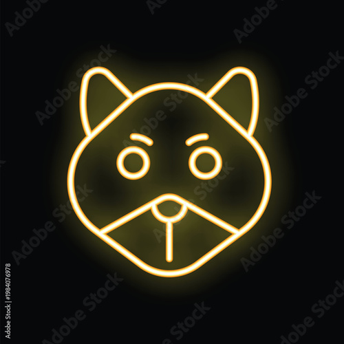 Bright yellow neon sign in the shape of a raccoon face is glowing on a black background