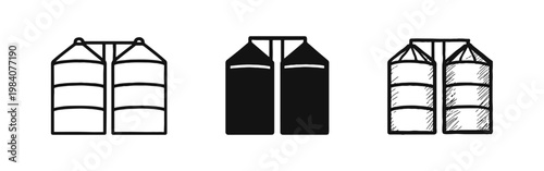 Grain silo icons for agriculture and farming in outline, solid and hand drawn styles