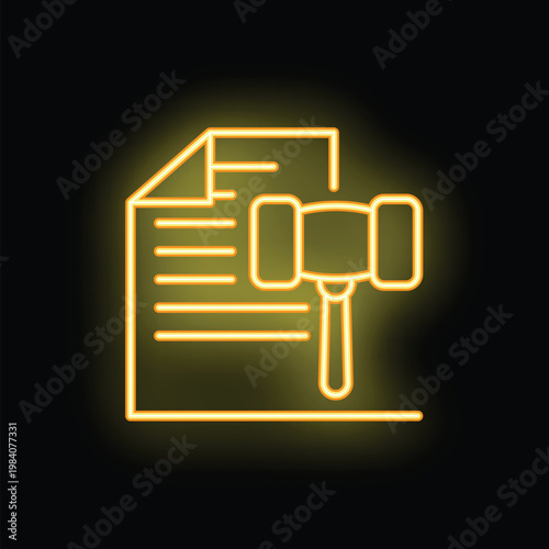 Glowing yellow neon icon of a gavel striking over a legal document, representing legal proceedings and court decisions