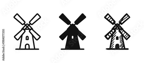 Windmill icons for farm or energy in outline, solid and hand drawn styles