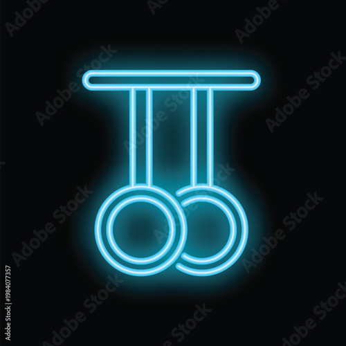 Bright blue neon sign depicting two gymnastic rings hanging from a bar, set against a black background