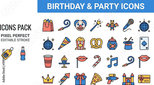 Magic show kids party entertainment flat color vector icons