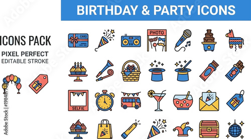 Birthday party bday cake surprise flat color vector icon set