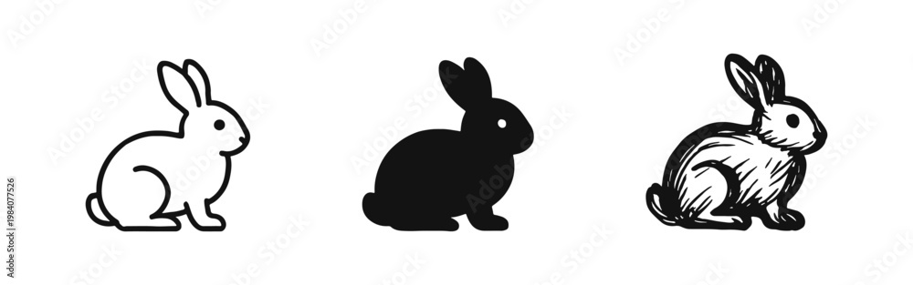 Obraz premium Rabbit icons, bunny silhouettes and sketches in outline, solid and hand drawn styles