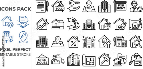 Real estate agency property mortgage buying line vector icons