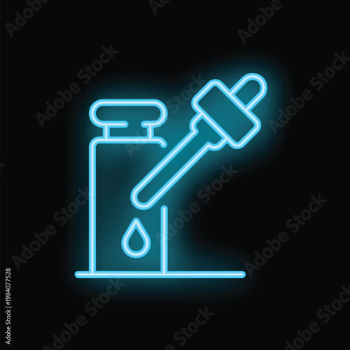 Blue neon sign of a dropper bottle releasing a drop of liquid on a black background