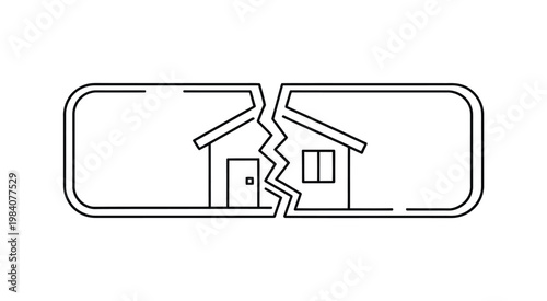 Broken home symbolic vector illustration, house divided into two parts representing separation and property division.