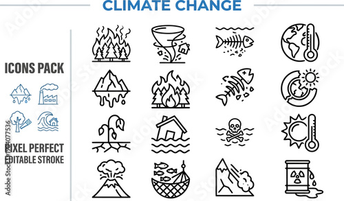 Climate change global warming natural disaster line vector icons
