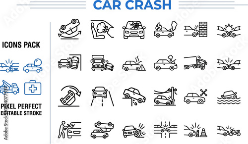 Car crash traffic accident collision line vector icon set
