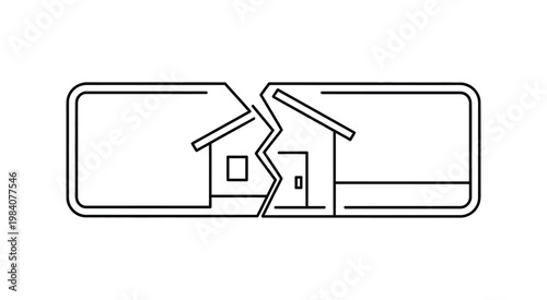 Broken home symbolic vector illustration, house divided into two parts representing separation and property division.