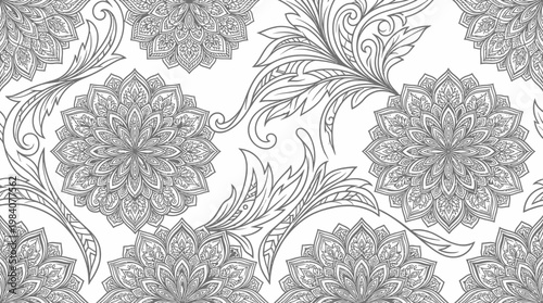 Intricate grayscale damask floral pattern featuring ornate rosettes and leafy swirls for textile and wallpaper design.