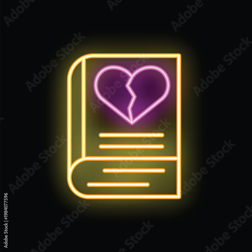 Neon sign showing a book with a broken heart on the cover, representing a sad story