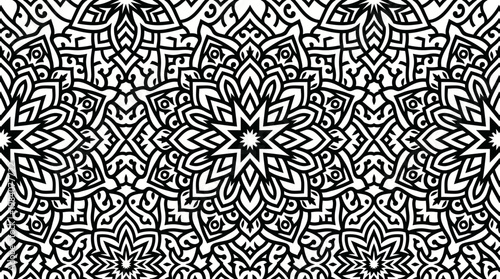 Elaborate black and white mandala pattern with intricate radial symmetry and decorative tessellation.