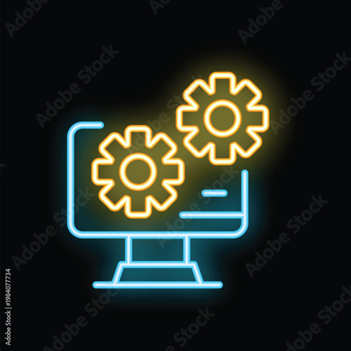 Neon icon of a computer displaying two interlocking gears, representing software development and technological innovation