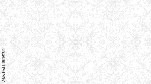Soft gray damask wallpaper texture with delicate ornamental floral pattern and subtle vintage elegance.