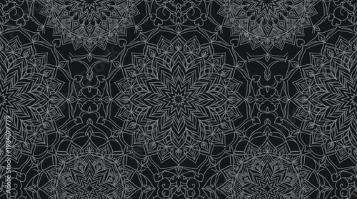 Intricate dark mandala pattern texture with seamless radial motifs for graphic design and backgrounds.