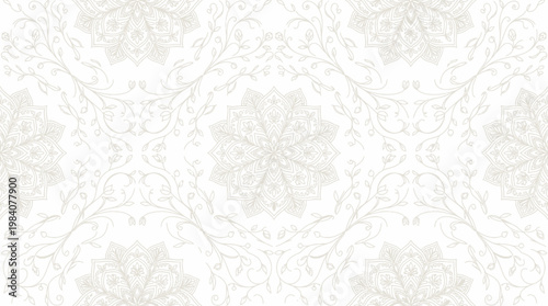 Elegant beige damask wallpaper texture with intricate ornamental pattern for backgrounds.