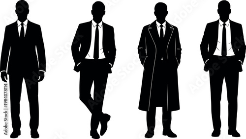 Set of four isolated black vector silhouettes featuring professional businessmen standing in diverse confident poses wearing classic formal corporate suits.
