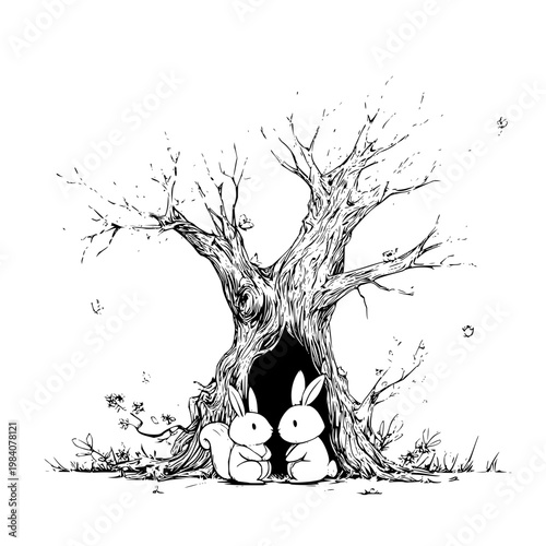 Two cute rabbits standing together before a large ancient hollow tree in a whimsical hand drawn black and white line art illustration featuring minimalist nature elements