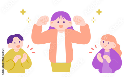 ガッツポーズの女性と拍手で称える同僚たち