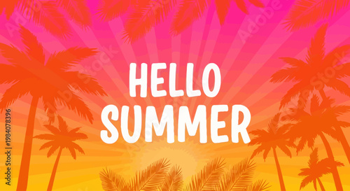 Vibrant summer sunset scene with palm trees and hello message