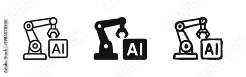 Industrial robotic arm with AI cube icons for smart automation and manufacturing