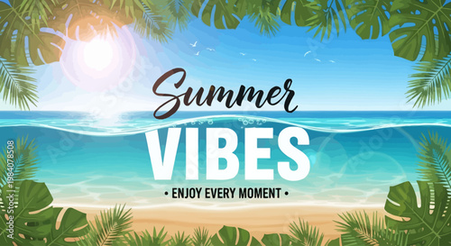 Summer season brings vibrant tropical beach scene with palm trees