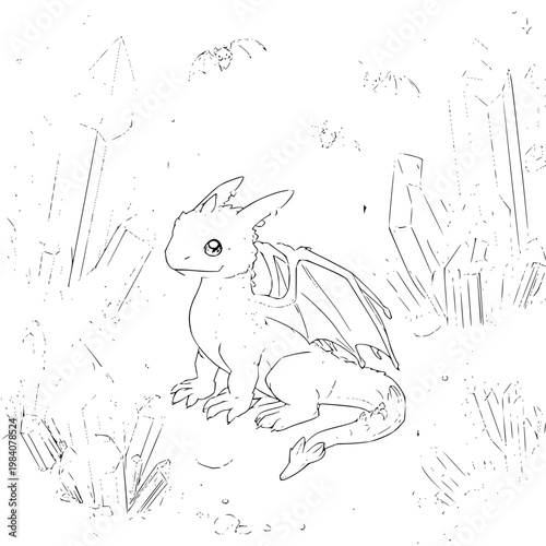Cute little dragon sitting among jagged crystal formations in a magical cave setting featuring detailed line art drawing style for creative coloring book page activity design