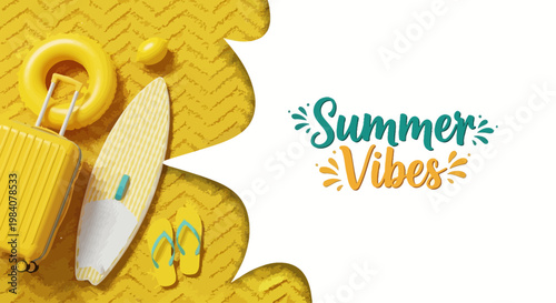 Summer vacation items laid on colorful mat outdoors with surfboard