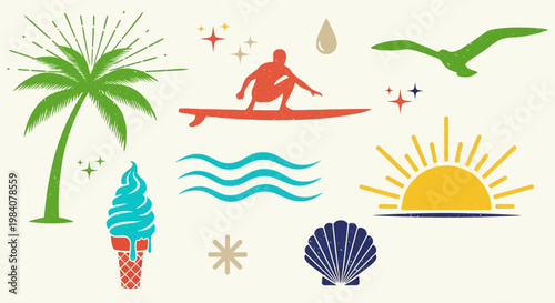 A surfer rides waves under a sunny sky with palm tree and seagull nearby on olkjh beach.