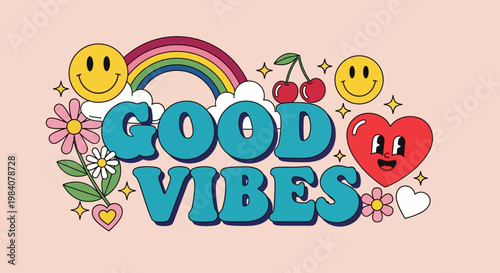 Colorful good vibes illustration with rainbow and emojis