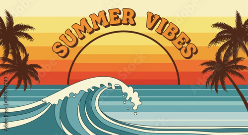Summer vibes illustrated with a wave and palm trees at sunset