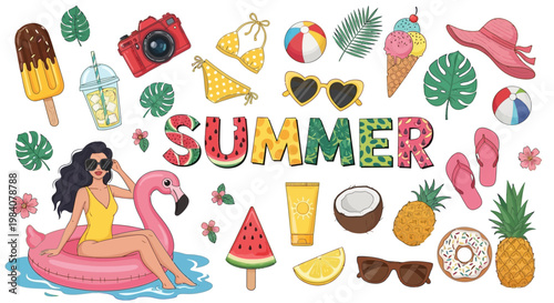 A woman lounges on a pink flamingo float surrounded by summer items.