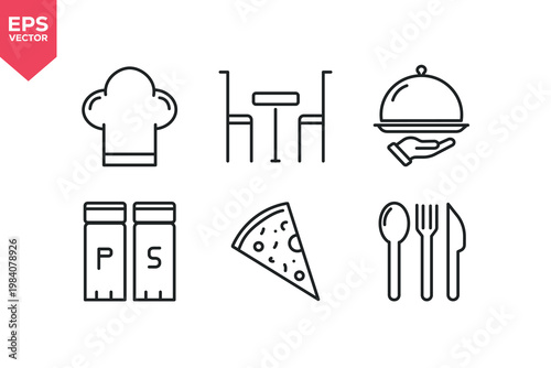 Set of line icons related to restaurant, food, eat, table, chef hat, dish, salt and paper, cutlery, waiter.  Editable stroke. Vector illustration