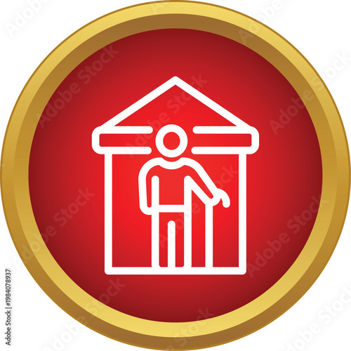 Elderly person with walking stick standing inside a house, representing senior care