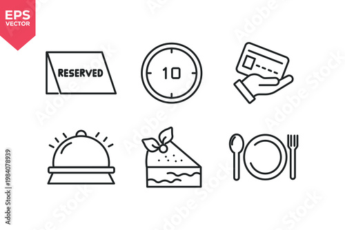 Set of line icons related to restaurant, reserved, desert, payment, table setting, credit card. Editable stroke. Vector illustration