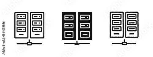 Data center server racks and network connection icons for cloud hosting services