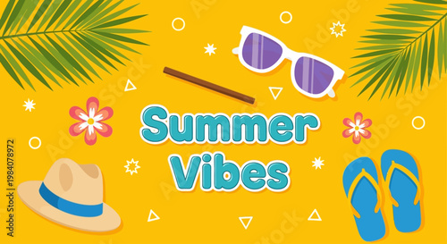 Summer vibes with sunglasses, hat, flip flops, flowers, and palm leaves