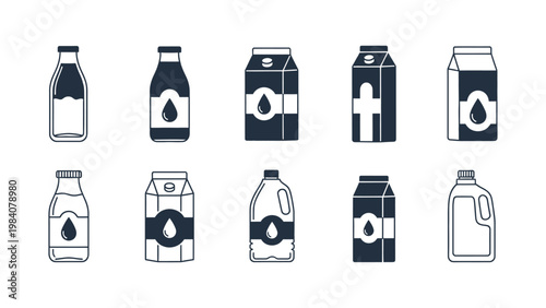 milk bottles and cartons collection with various dairy packaging icons perfect for food industry graphic design on a white background.